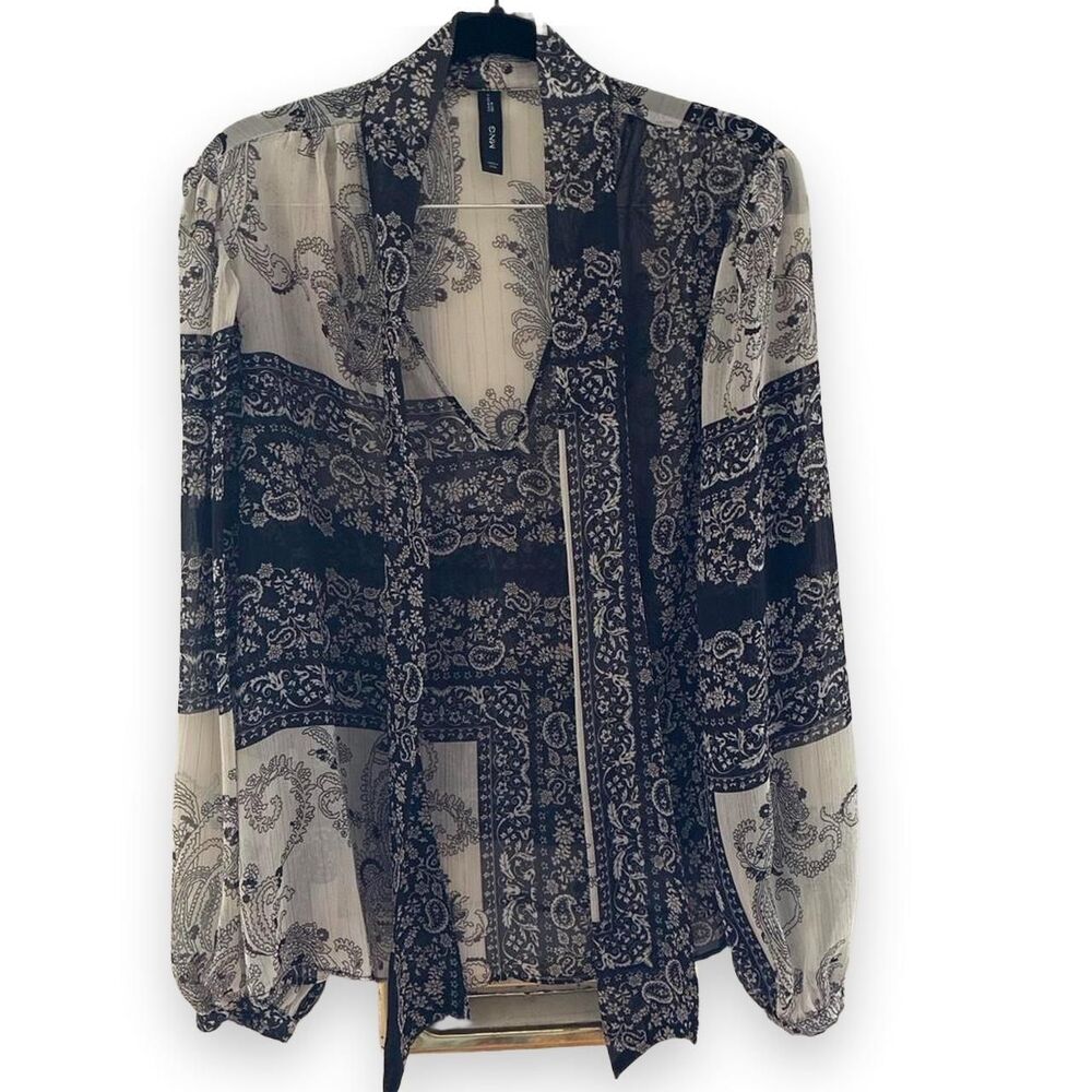 Mango Sheer Black/White Paisley Blouse with Tie Neck and metallic striping